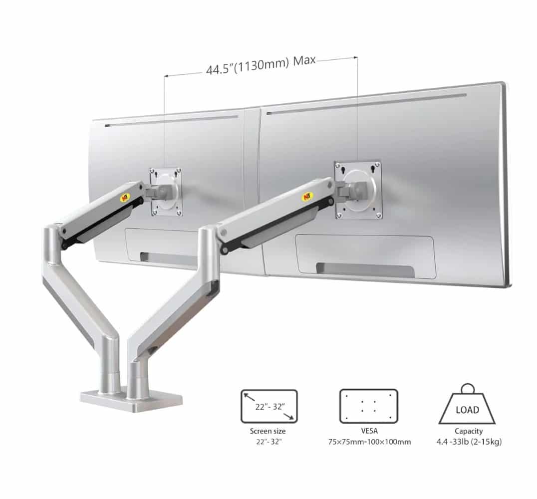 North Bayou Ultra Wide Full Motion Swivel Dual Monitor Mount for 22”-32”- Silver (G32).
