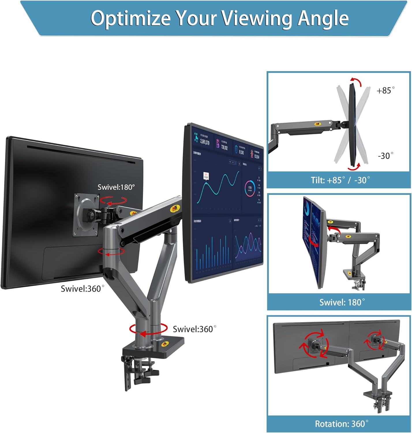North Bayou Ultra Wide Full Motion Swivel Dual Monitor Mount for 22''-32''- Black (G35)